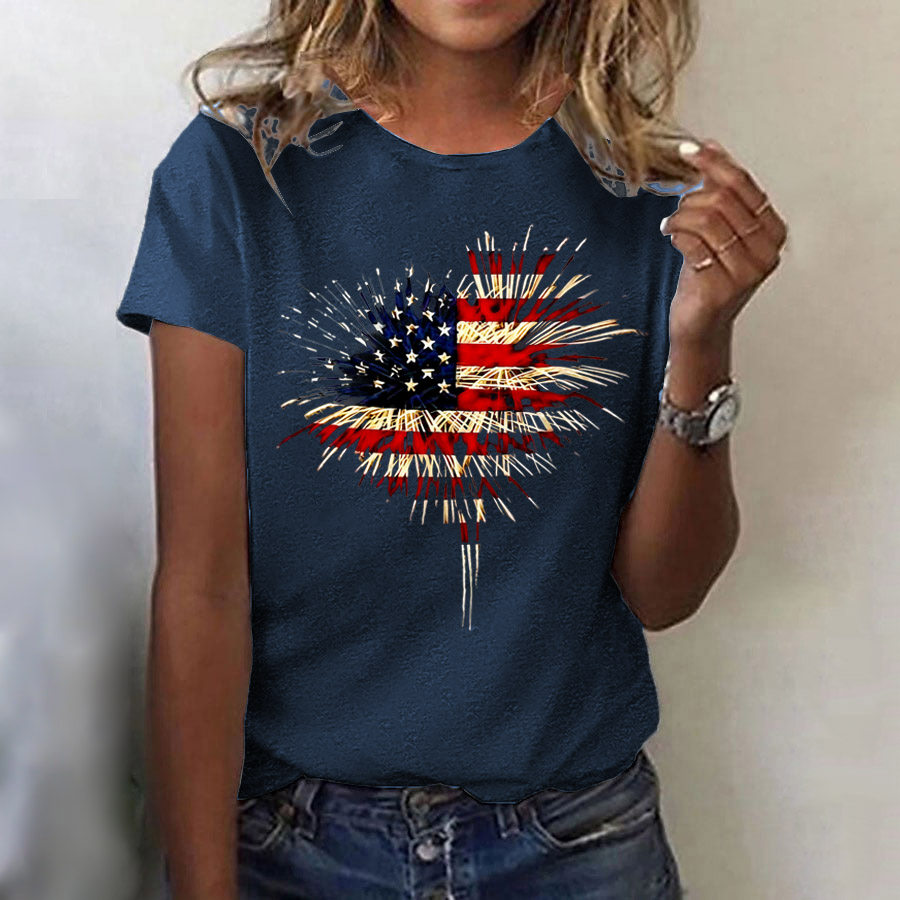 

Women's American Flag Independence Day Fireworks Short Sleeve Crew Neck T-Shirt