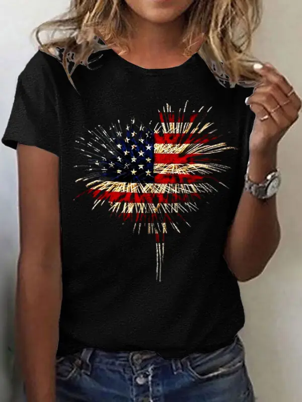 Women's American Flag Independence Day Fireworks Short Sleeve Crew Neck T-Shirt - Menbarn.com 