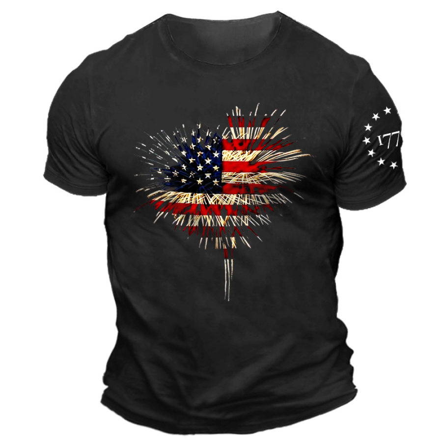

Men's American Flag Independence Day Fireworks 1776 Daily Short Sleeve Crew Neck T-Shirt