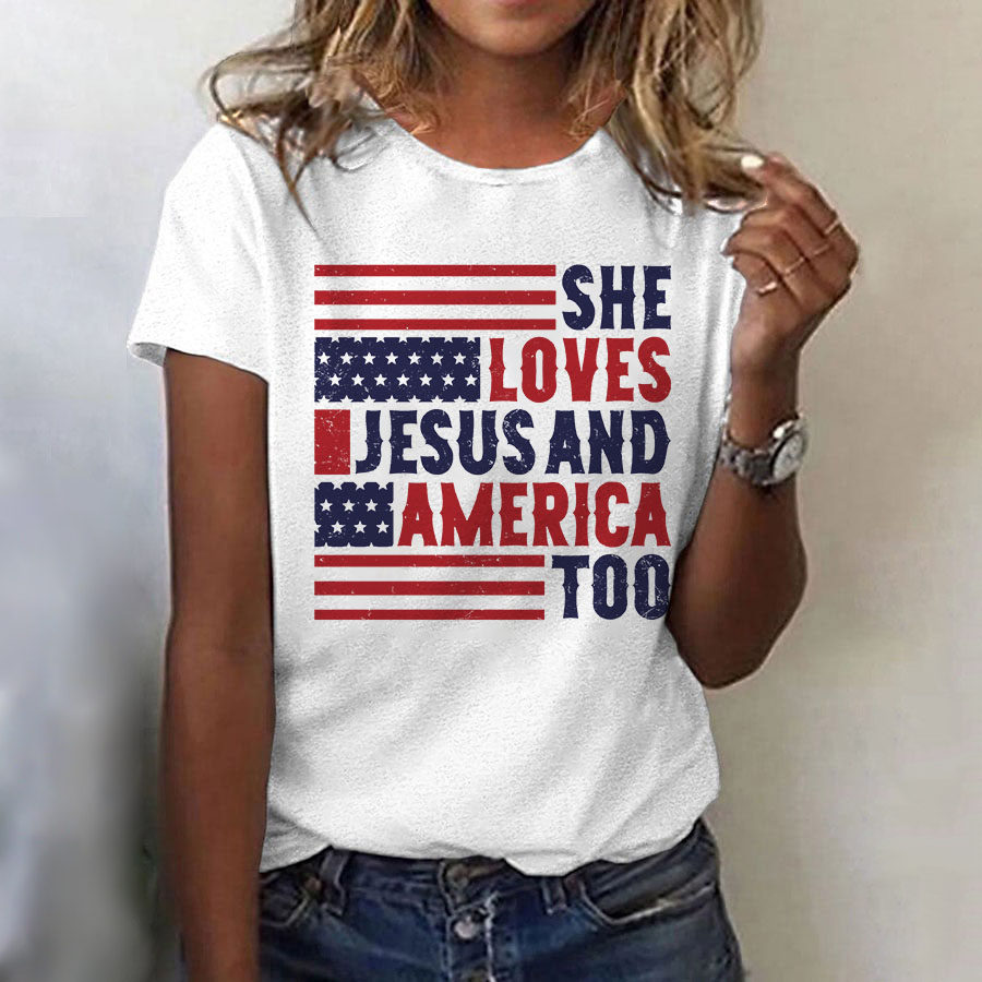 

Women's She Loves Jesus And America Too 4th Of July Independence Day Short Sleeve Crew Neck T-Shirt