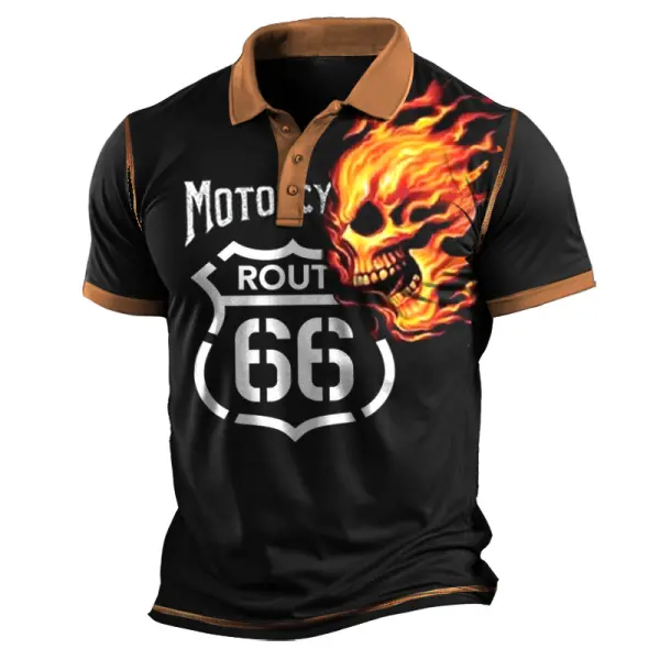Men's Moisture Wicking Route 66 Skull Motorcycle Print Short Sleeve Color Block Polo T-Shirt - Cotosen.com 