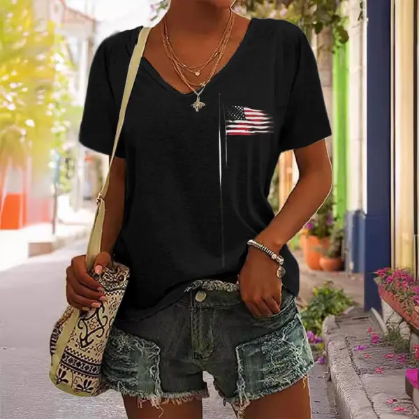 Women's American Flag Independence Day 4th Of July Print Short Sleeve V-Neck Casual T-Shirt - Dozenlive.com 