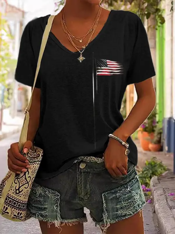 Women's American Flag Independence Day 4th Of July Print Short Sleeve V-Neck Casual T-Shirt - Menbarn.com 