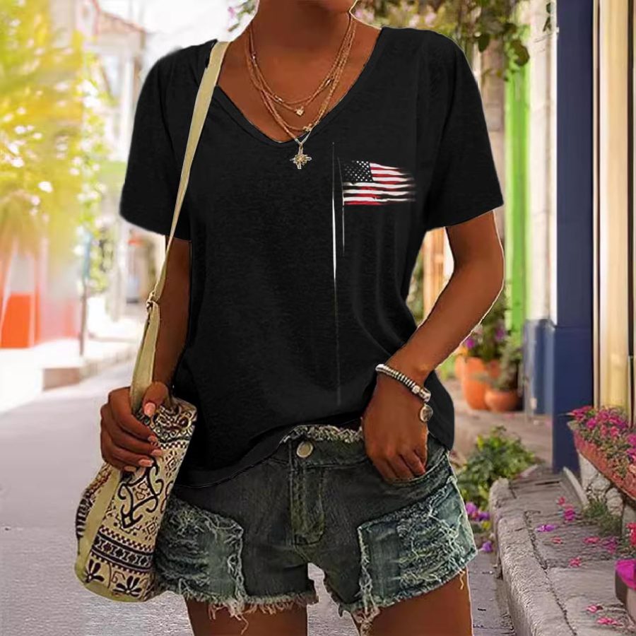 

Women's American Flag Independence Day 4th Of July Print Short Sleeve V-Neck Casual T-Shirt