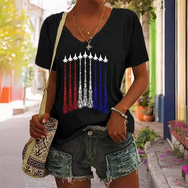 Women's American Flag Independence Day 4th Of July Print Short Sleeve V-Neck Casual T-Shirt - Dozenlive.com 