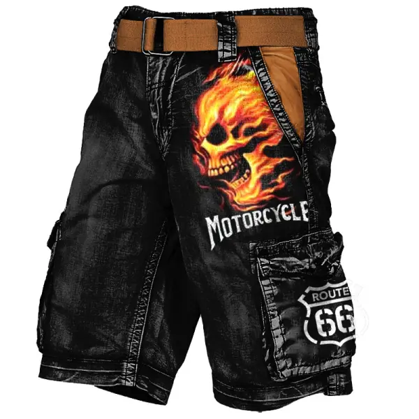 Men's Cargo Shorts Route 66 Motorcycle Skull Print Vintage Distressed Utility Outdoor Shorts Only $39.99 - Upgradecool.com 
