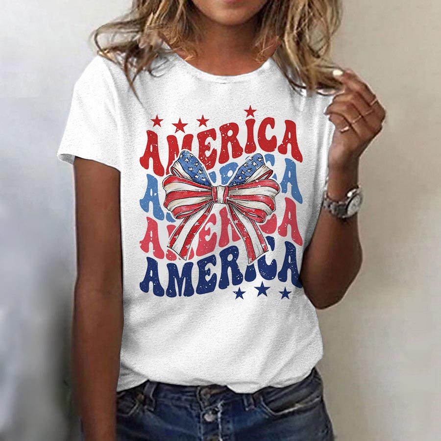 

Women's American Flag 4th Of July Independence Day Short Sleeve Crew Neck T-Shirt
