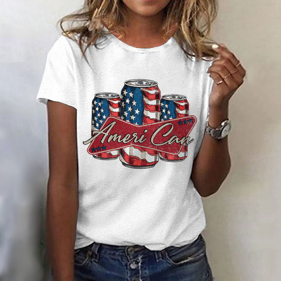 

Women's American Flag 4th Of July Independence Day Short Sleeve Crew Neck T-Shirt
