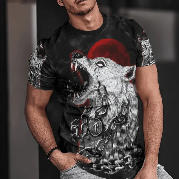 Men's Vintage Viking Wolf Print Short Sleeve Crew Neck T-Shirt - Wayrates.com 