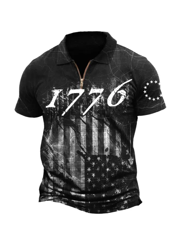 Men's New York Map American Flag 1776 Independence Day Print Zip Neck T-Shirt - Anrider.com 