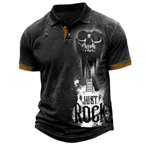 Men's Outdoor Vintage Dark Skull Rock Guitar Print Short Sleeve Color Block Polo T-Shirt Only $23.99 - Cotosen.com 
