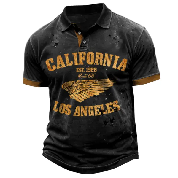 Men's Outdoor Vintage California Route 66 Wings Print Short Sleeve Polo T-Shirt - Ootdyouth.com 