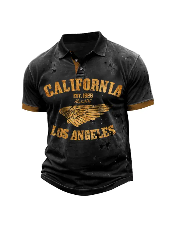 Men's Outdoor Vintage California Route 66 Wings Print Short Sleeve Polo T-Shirt - Ootdmw.com 