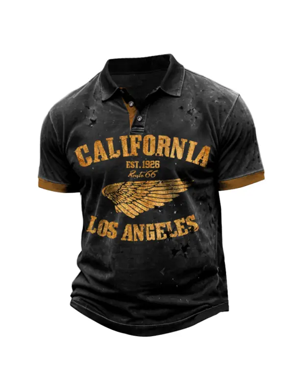 Men's Outdoor Vintage California Route 66 Wings Print Short Sleeve Polo T-Shirt - Timetomy.com 