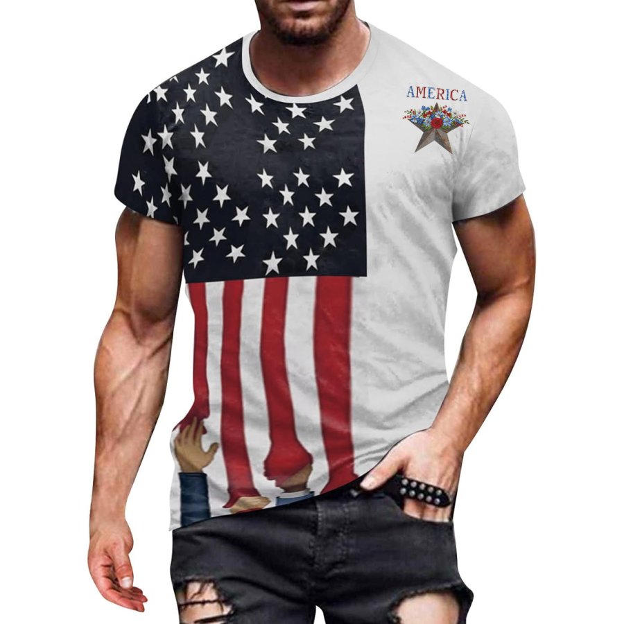 

Men's Vintage American Flag Flowers Print Short Sleeve Crew Neck T-Shirt
