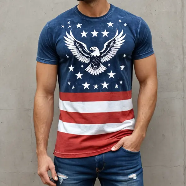 Men's Vintage American Flag Eagle Print Short Sleeve Crew Neck T-Shirt - Wayrates.com 
