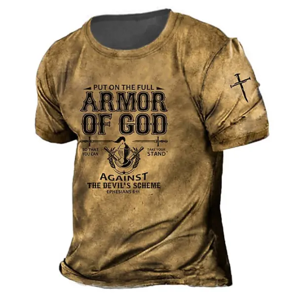 Men's Vintage Put On The Full Armor Of God Cross Crew Neck Short Sleeve T-Shirt - Cotosen.com 