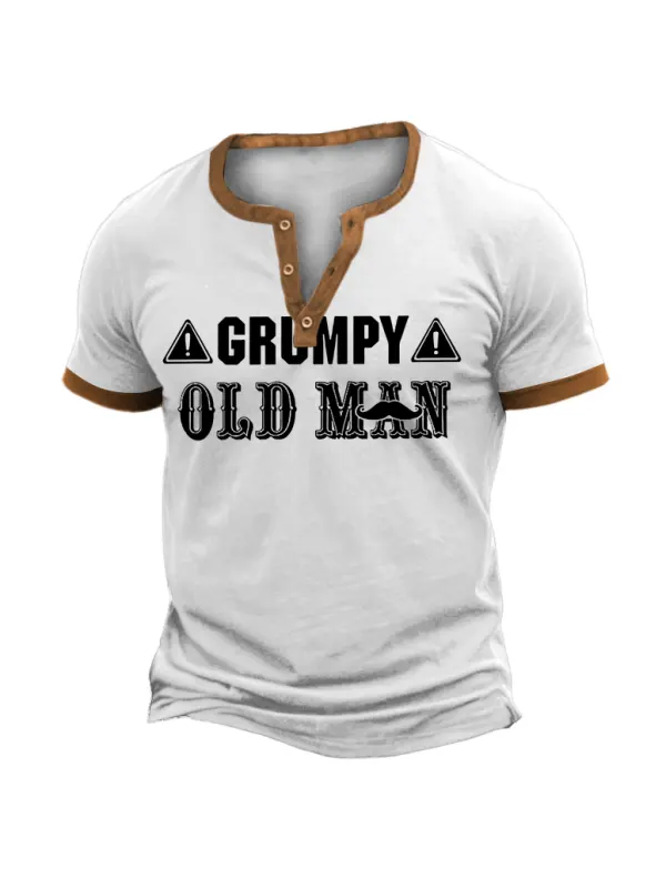 Men's Vintage Grumpy Old Man Short Sleeve Color Block Henley T-Shirt - Ootdmw.com 