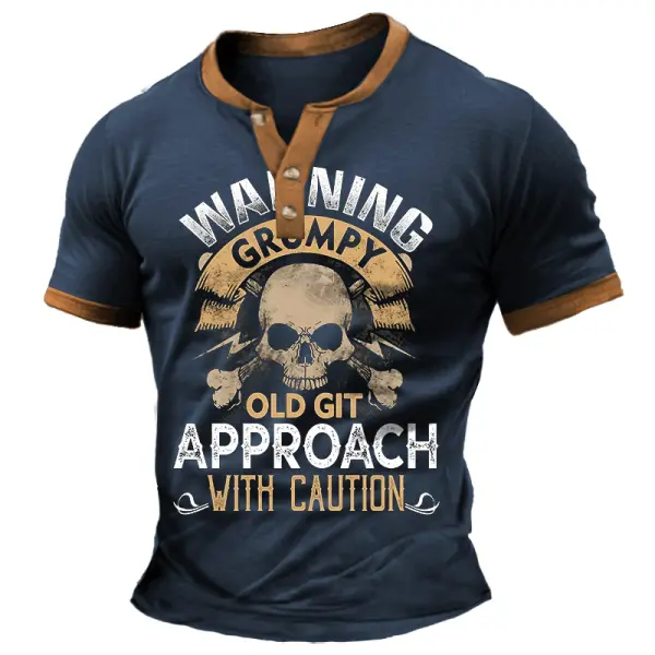 Men's Vintage Warning Grumpy Old Git Approach With Caution Short Sleeve Color Block Henley T-Shirt - Cotosen.com 