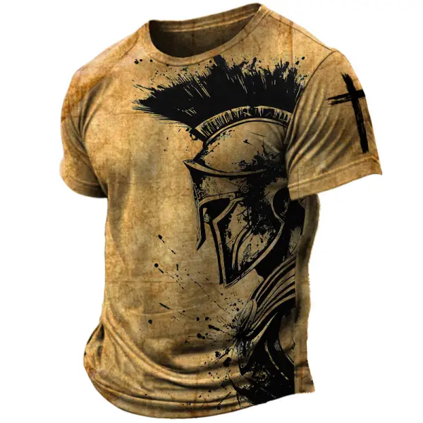 Men's Vintage Spartan Cross Print Short Sleeve Crew Neck T-Shirt - Elementnice.com 