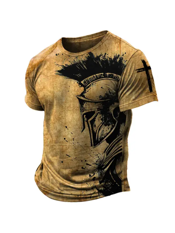 Men's Vintage Spartan Cross Print Short Sleeve Crew Neck T-Shirt - Anrider.com 