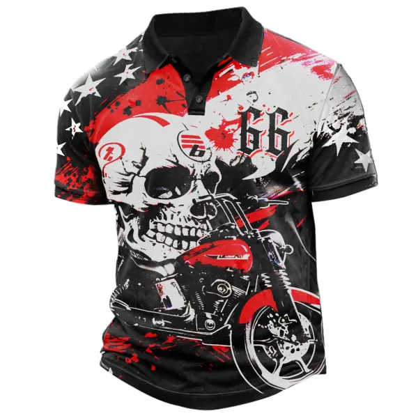 Men's Vintage Motorcycle Skull Rush 66 Print Daily Short Sleeve Polo Neck T-Shirt Only $23.99 - Upgradecool.com 