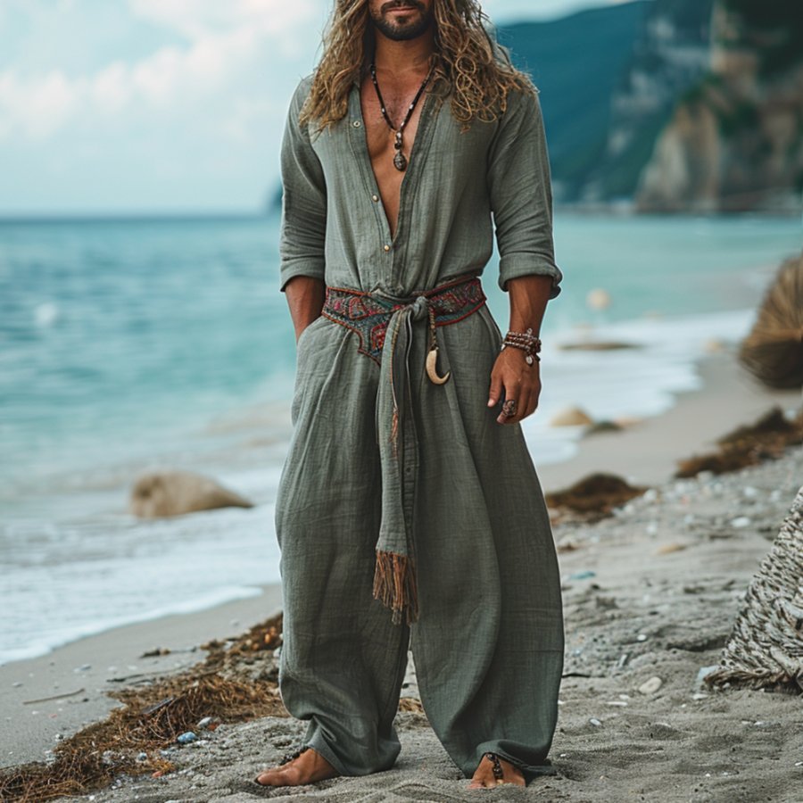 

Retro Loose Breathable Men's Linen Jumpsuit