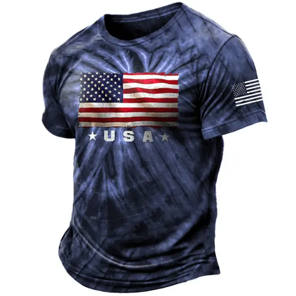 Men's Vintage American Flag Independence Day July 4th Tie Dye Print Short Sleeve Crew Neck T-Shirt - Dozenlive.com 