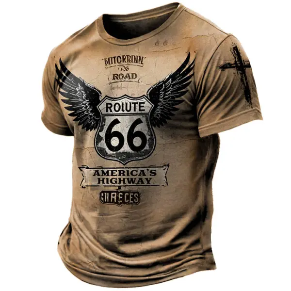 Men's Vintage Route 66 Cross Print Short Sleeve Crew Neck T-Shirt Only $19.99 - Elementnice.com 