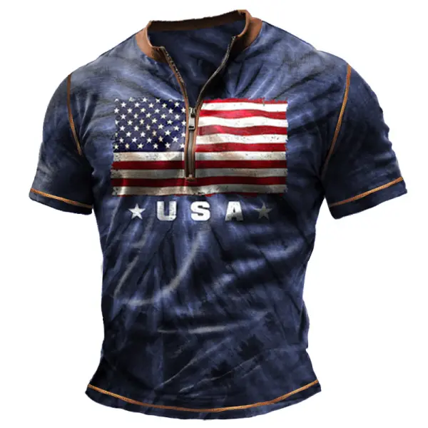 Men's Vintage American Flag Independence Day July 4th Tie Dye Color Block Zipper Henley Collar T-Shirt - Cotosen.com