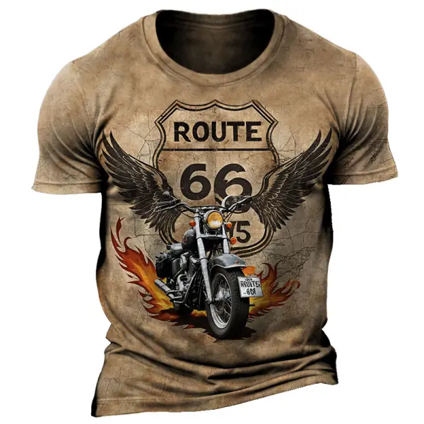 Men's Vintage Route 66 Motorcycle Road Trip Print Short Sleeve Crew Neck T-Shirt - Upgradecool.com 