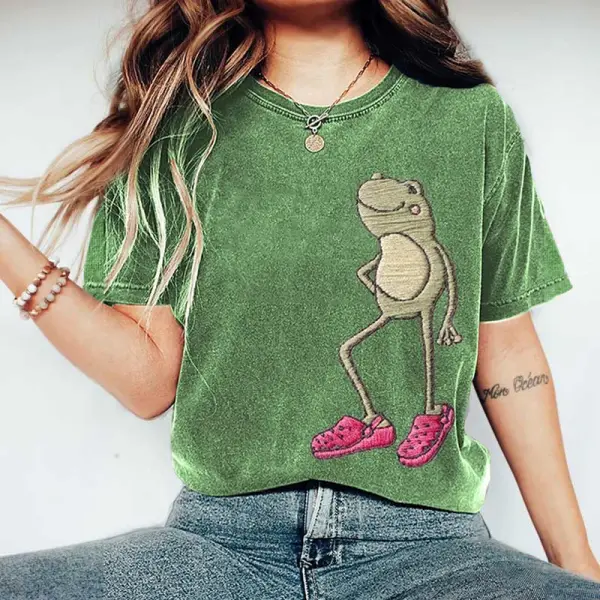 Women's Vintage Cute Frog Embroidery Print Round Neck Short Sleeve T-Shirt - Wayrates.com 