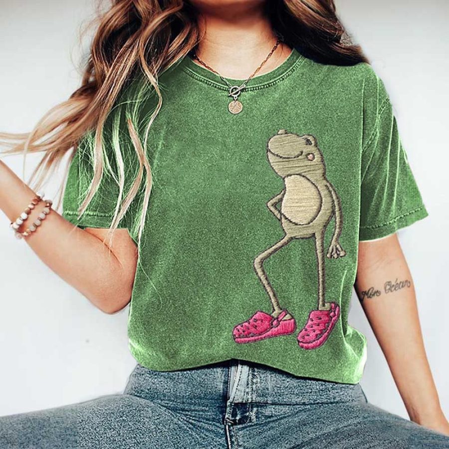 

Women's Vintage Cute Frog Embroidery Print Round Neck Short Sleeve T-Shirt