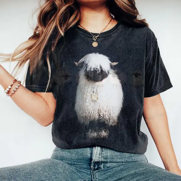 Women's Vintage Cute Valais Blacknose Sheep Pattern Print Round Neck Short Sleeve T-Shirt - Wayrates.com 