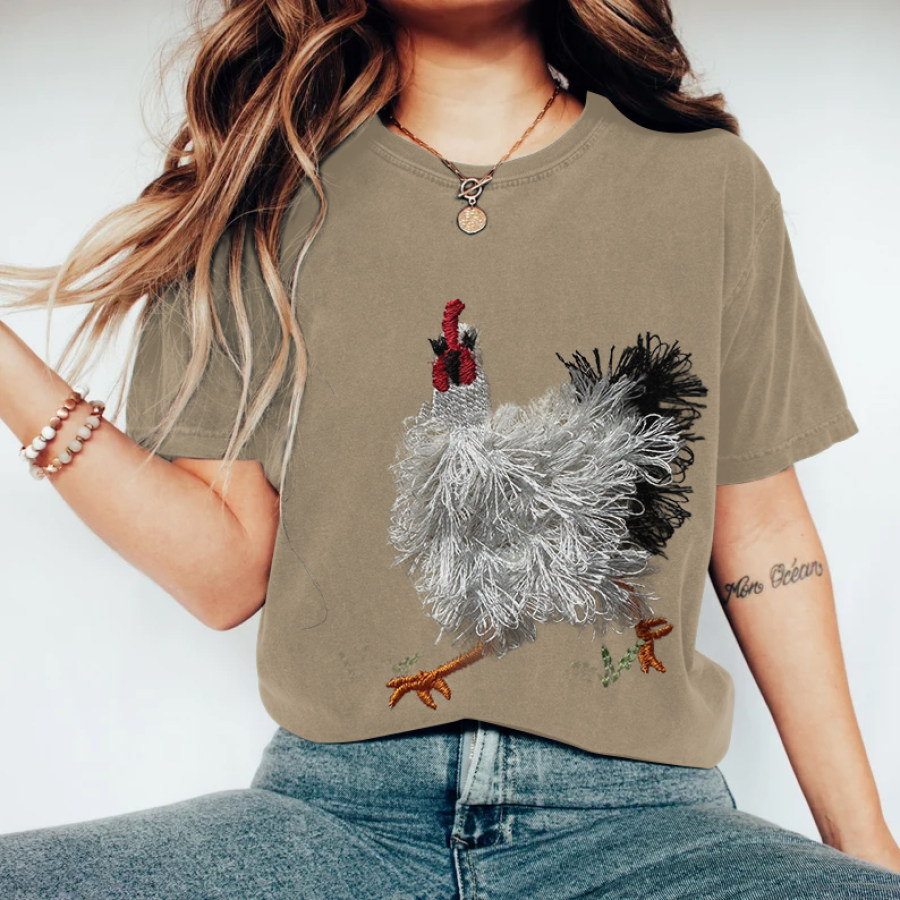 

Women's Vintage Cute Farm Chicken Print Round Neck Short Sleeve T-Shirt