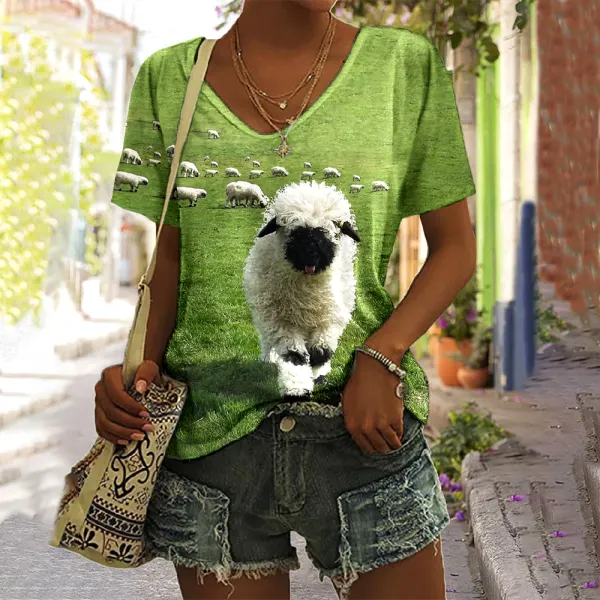 Women's Vintage Greetings From The Stray Sheep Graphic Print Short Sleeve V-Neck Casual T-Shirt - Wayrates.com 