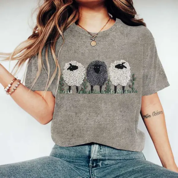 Women's Vintage Farm Sheep Casual Print Round Neck Short Sleeve T-Shirt - Wayrates.com 