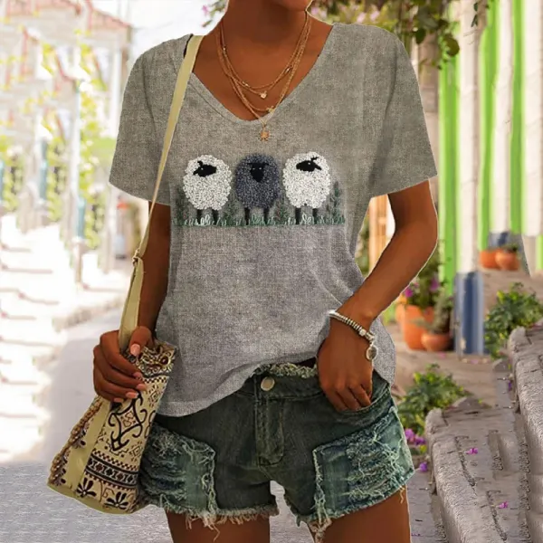 Women's Vintage Animal Sheep Graphic Print Short Sleeve V-Neck Casual T-Shirt - Wayrates.com 
