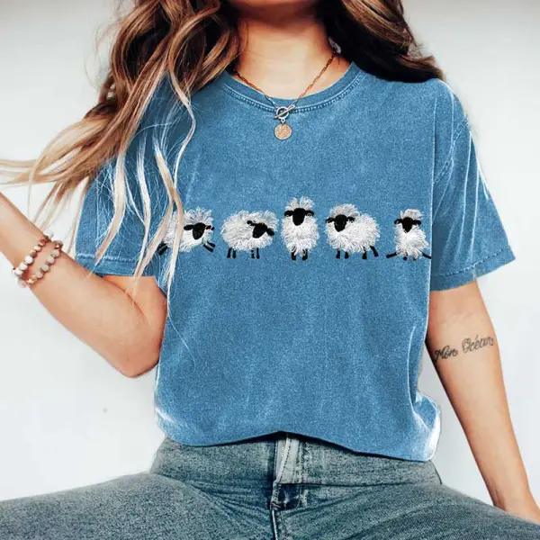 Women's Vintage Sheep Fringed Embroidery Pattern Print Round Neck Short Sleeve T-Shirt - Wayrates.com 