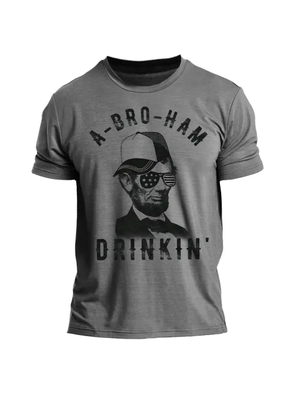 Men's Vintage A-BRO-HAM DRINKIN Print Short Sleeve Crew Neck T-Shirt - Ootdmw.com 