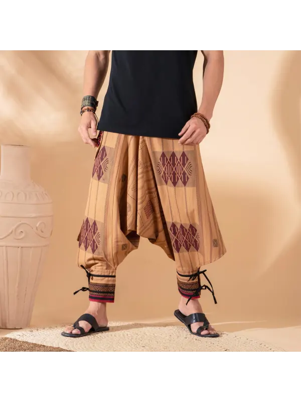 Men's Vacation National Style Print Loose Linen Harem Pants - Ininrubyclub.com 