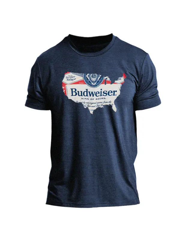 Men's Vintage Budweiser USA Map Print Short Sleeve Crew Neck T-Shirt - Ootdmw.com 