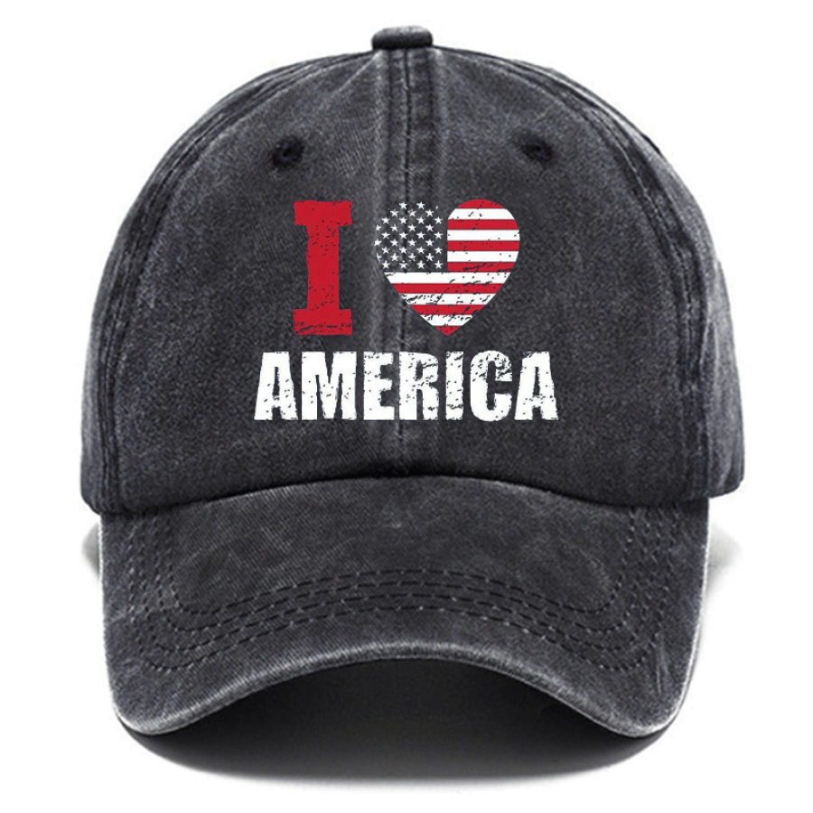 

I Love American Flag Vintage Wash Cotton Print Hat