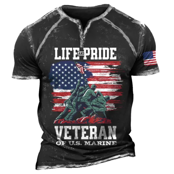 Men's American Flag Soldiers Commemorate Survivors Vintage Print Henley T-shirt Only $23.99 - Cotosen.com 