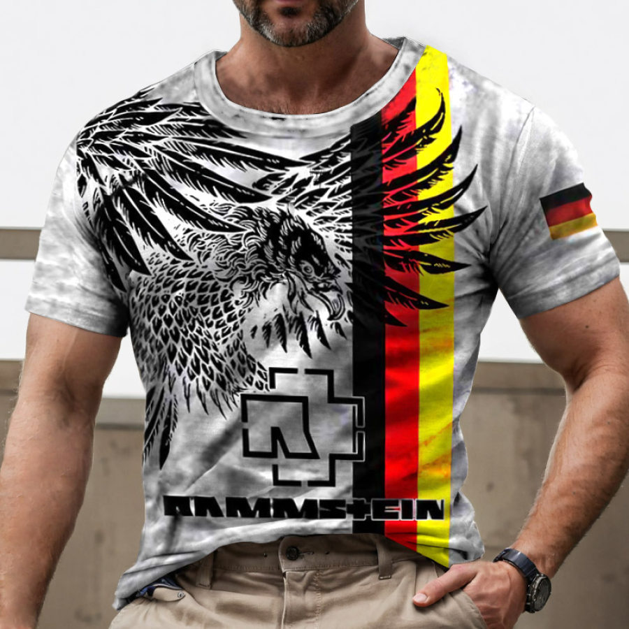 

Men's Vintage Rammstein Rock Band Eagle German Flag Daily Short Sleeve Crew Neck T-Shirt
