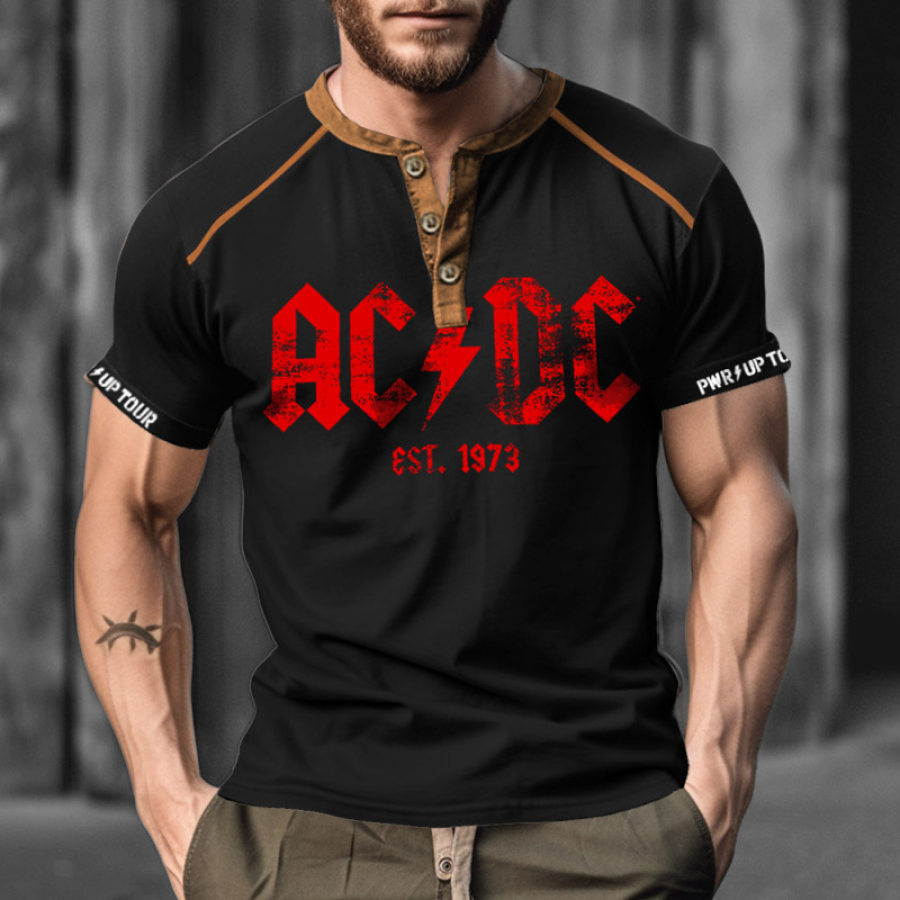 

Men's Vintage ACDC Est. 1973 Rock Band Color Block Print Henley Short Sleeve T-Shirt