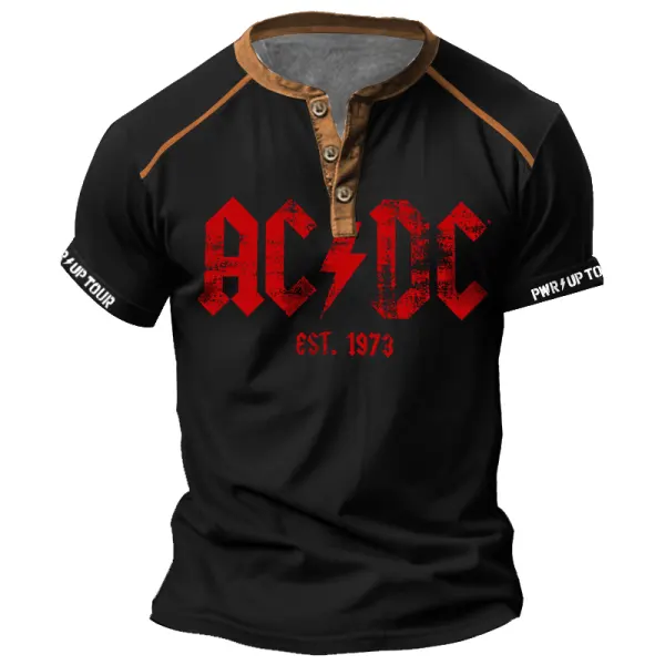 Men's Vintage ACDC Est. 1973 Rock Band Color Block Print Henley Short Sleeve T-Shirt - Cotosen.com