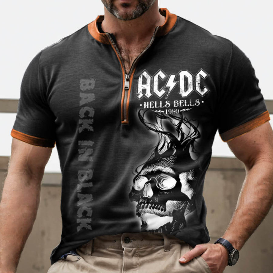 

Men's Vintage ACDC Rock Skull Color Block Zipper Henley Collar T-Shirt