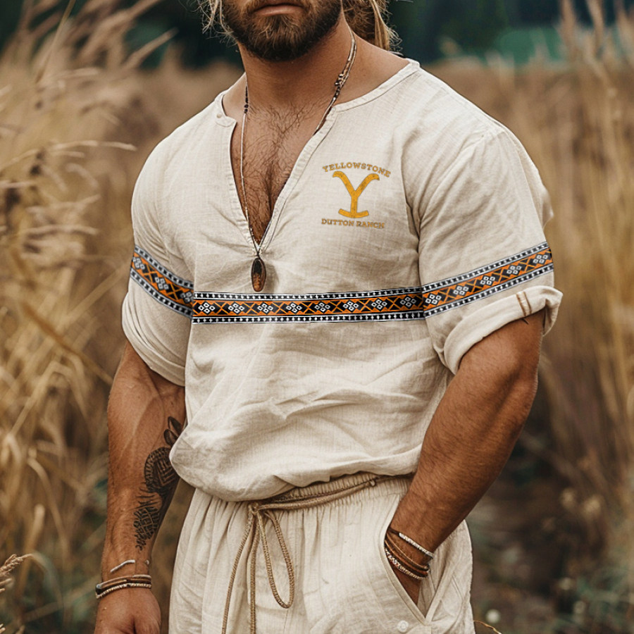 

Men's Clarkson's Farm Yellowstone Bohemia Print Linen Henley Short Sleeved Shirt