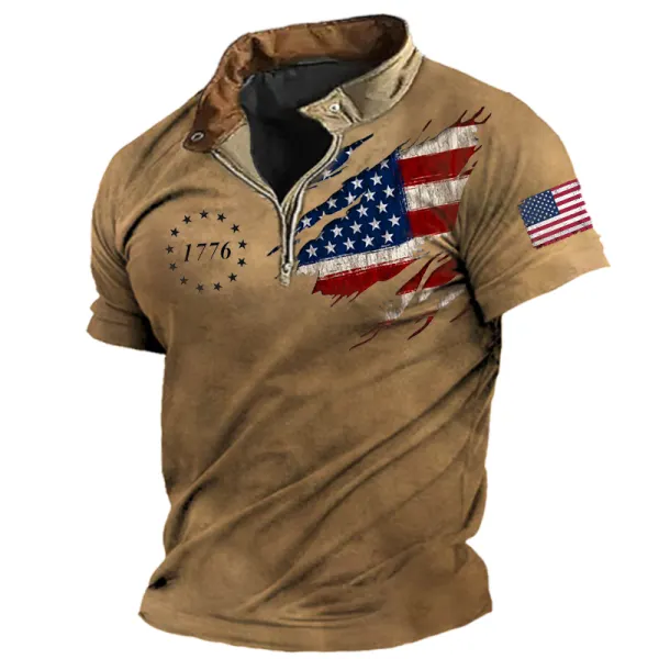 Men's American Flag Patriot 1776 Print Zipper Polo T-shirt - Dozenlive.com 